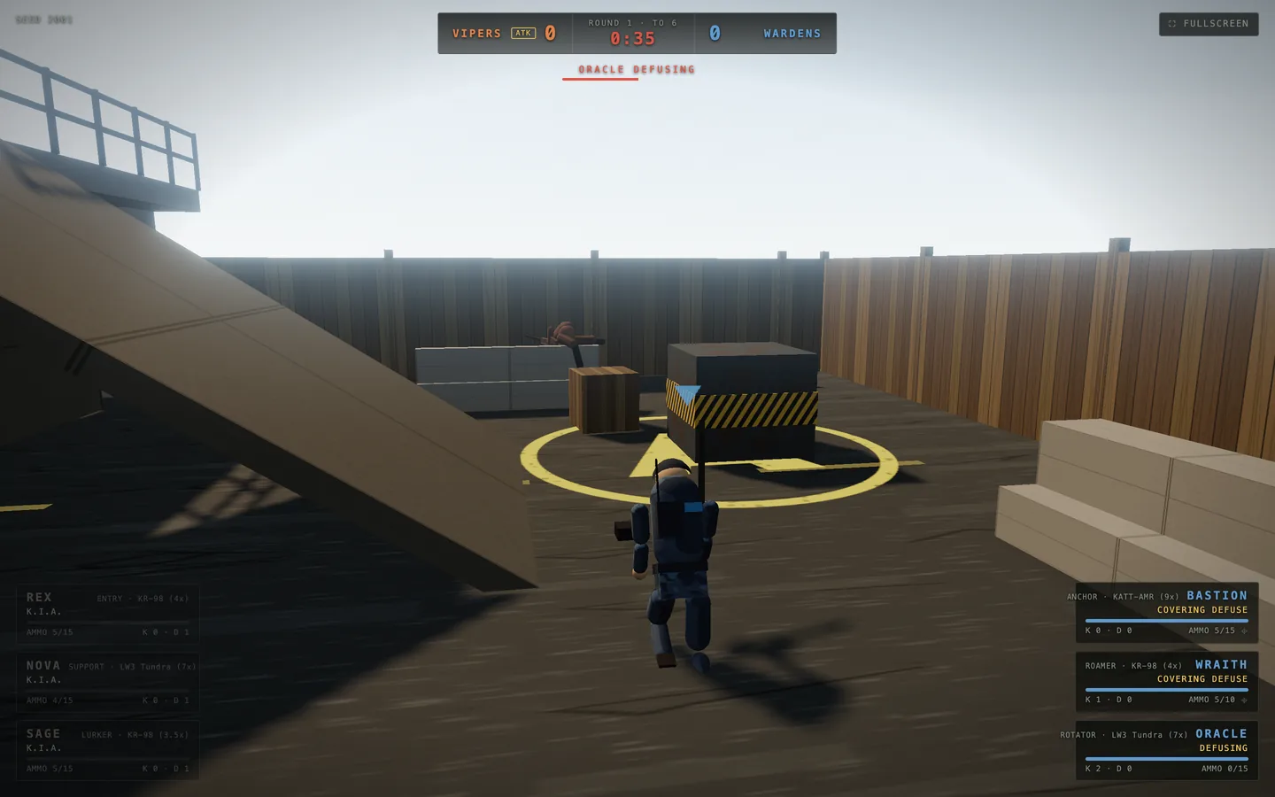 A fighter kneeling at a bomb inside a painted ring, with a defusing progress bar