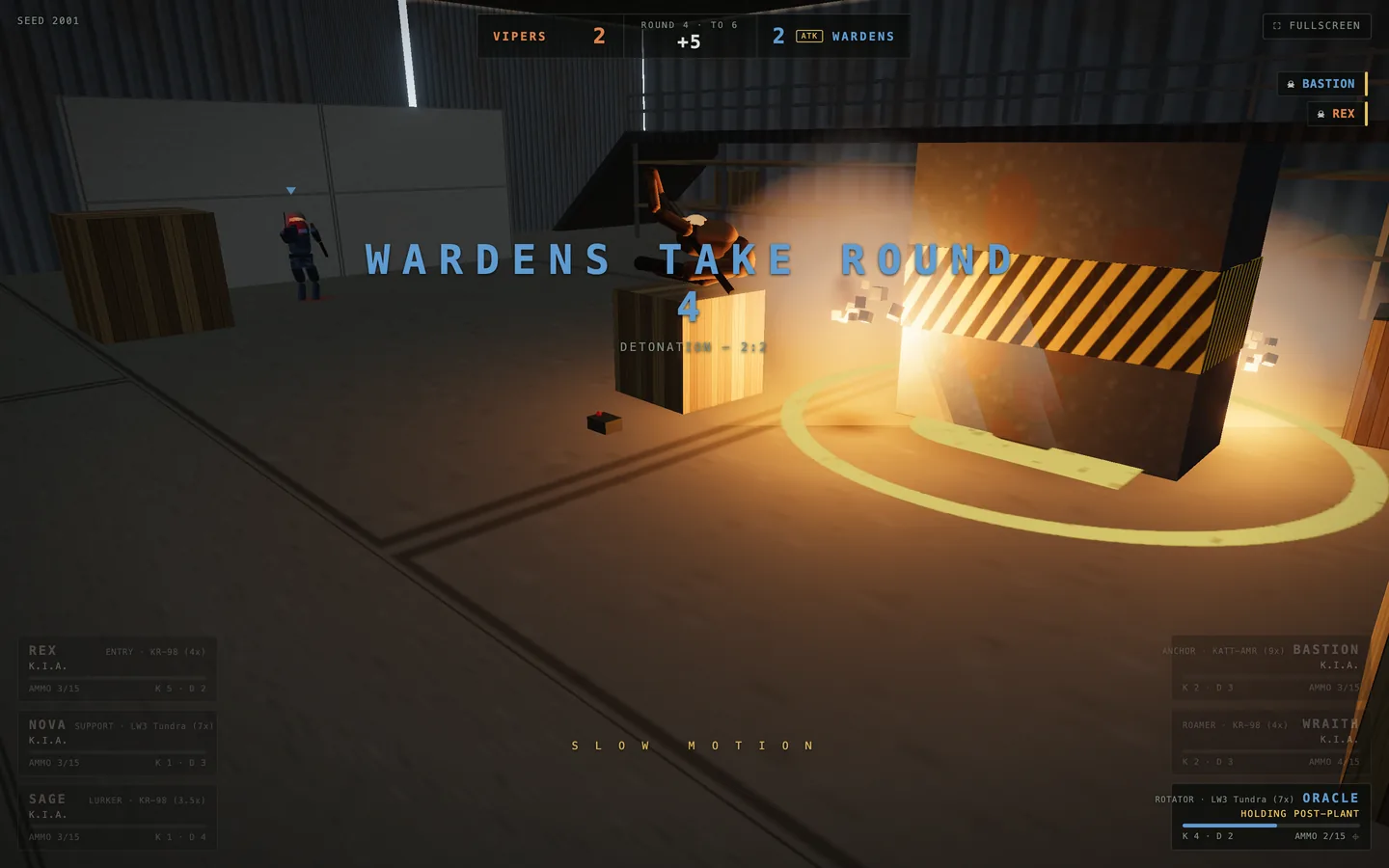An explosion on a bomb site under a banner announcing the round