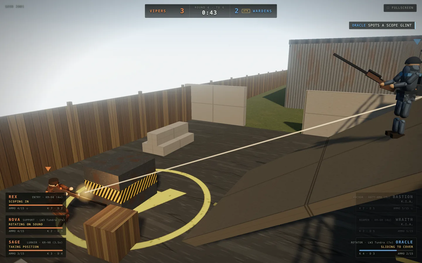 A 3D spectator view of two blocky fighters exchanging fire across a bomb site, with team panels in the corners