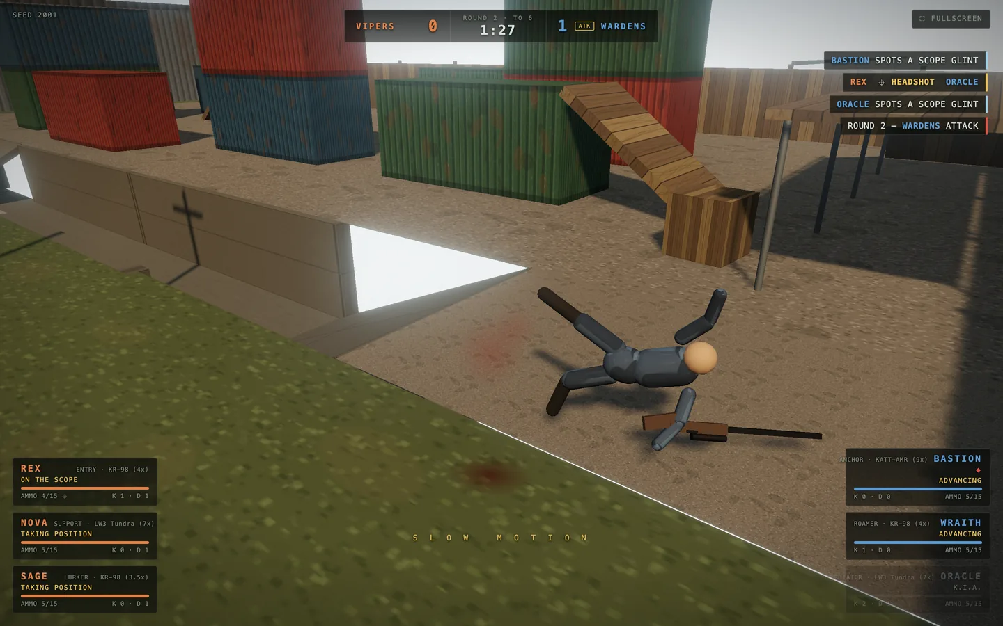 A fallen fighter at the edge of a container yard with a slow-motion label and a kill feed