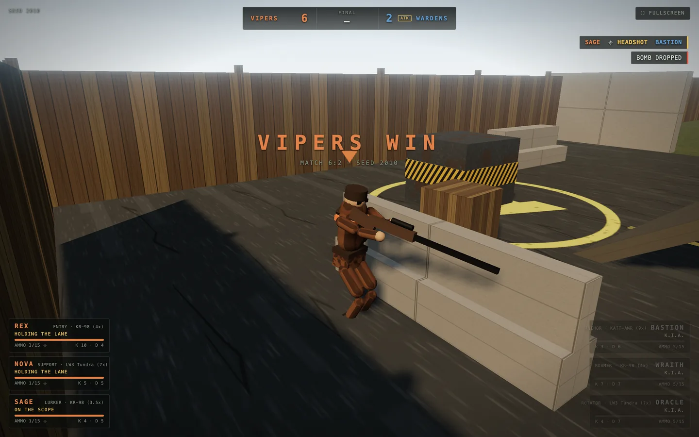 A fighter behind concrete barriers under a banner reading VIPERS WIN