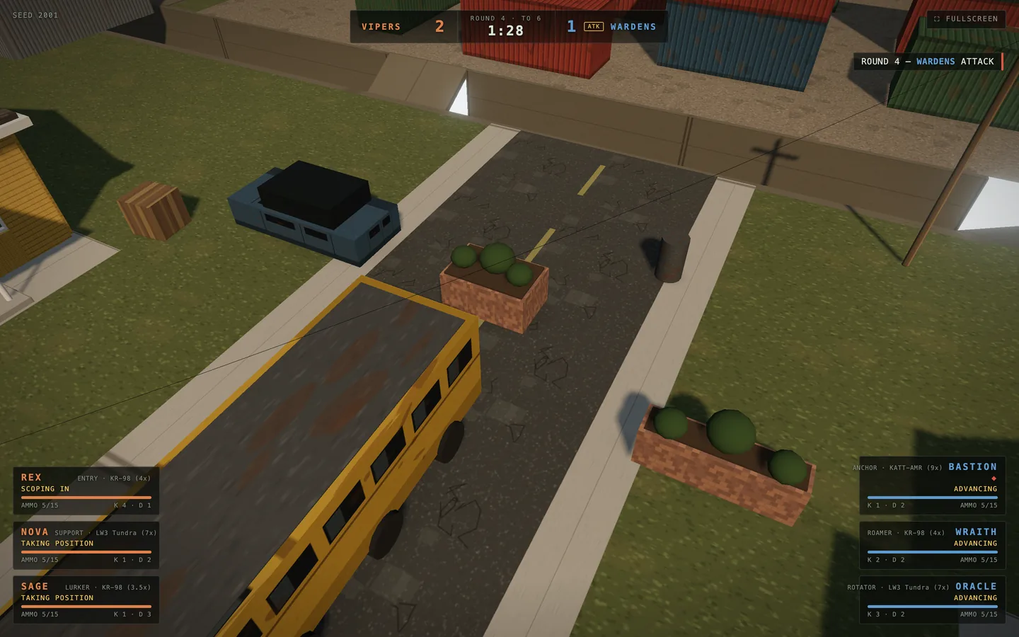 A high view over a yard with a school bus, a car and planters, and team panels in the corners