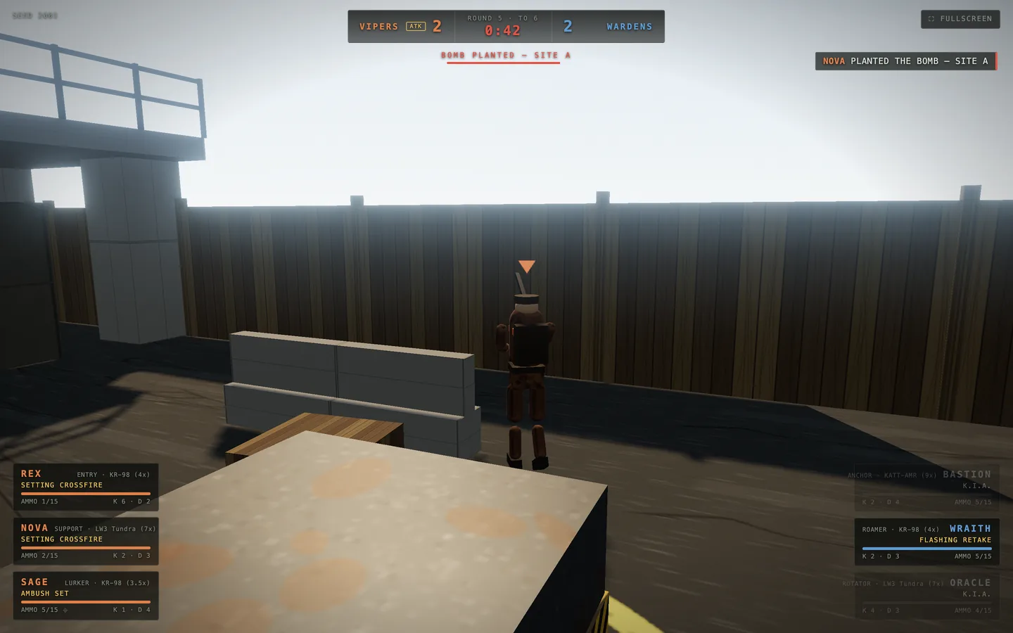 A fighter standing guard on a bomb site with a red countdown and a fuse bar