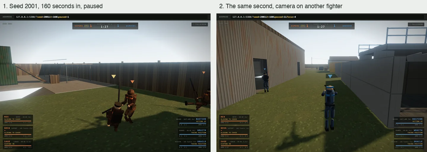 Two views of the same paused moment of a match, each under its page address