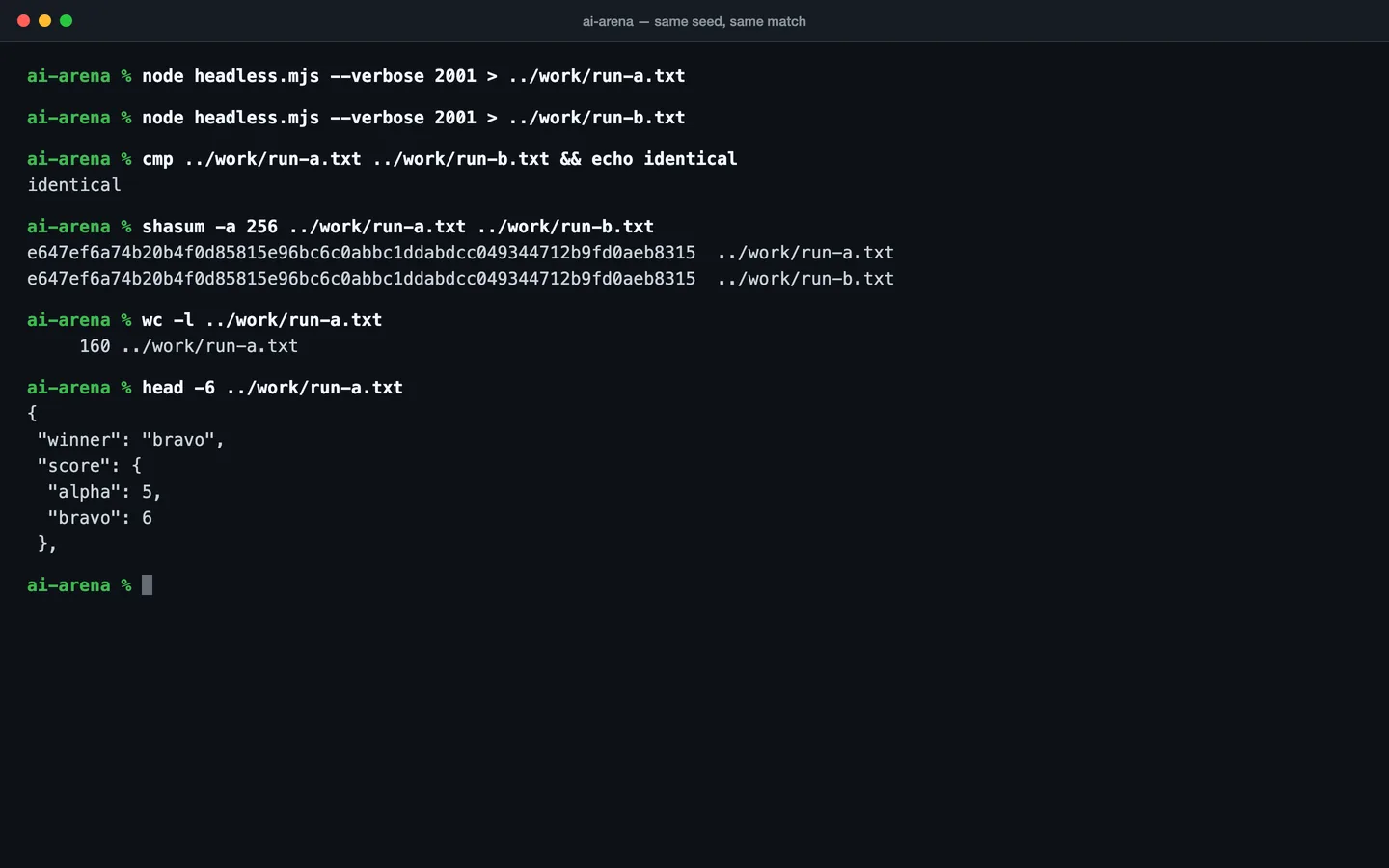 Terminal output comparing two runs of one seed and reporting them identical