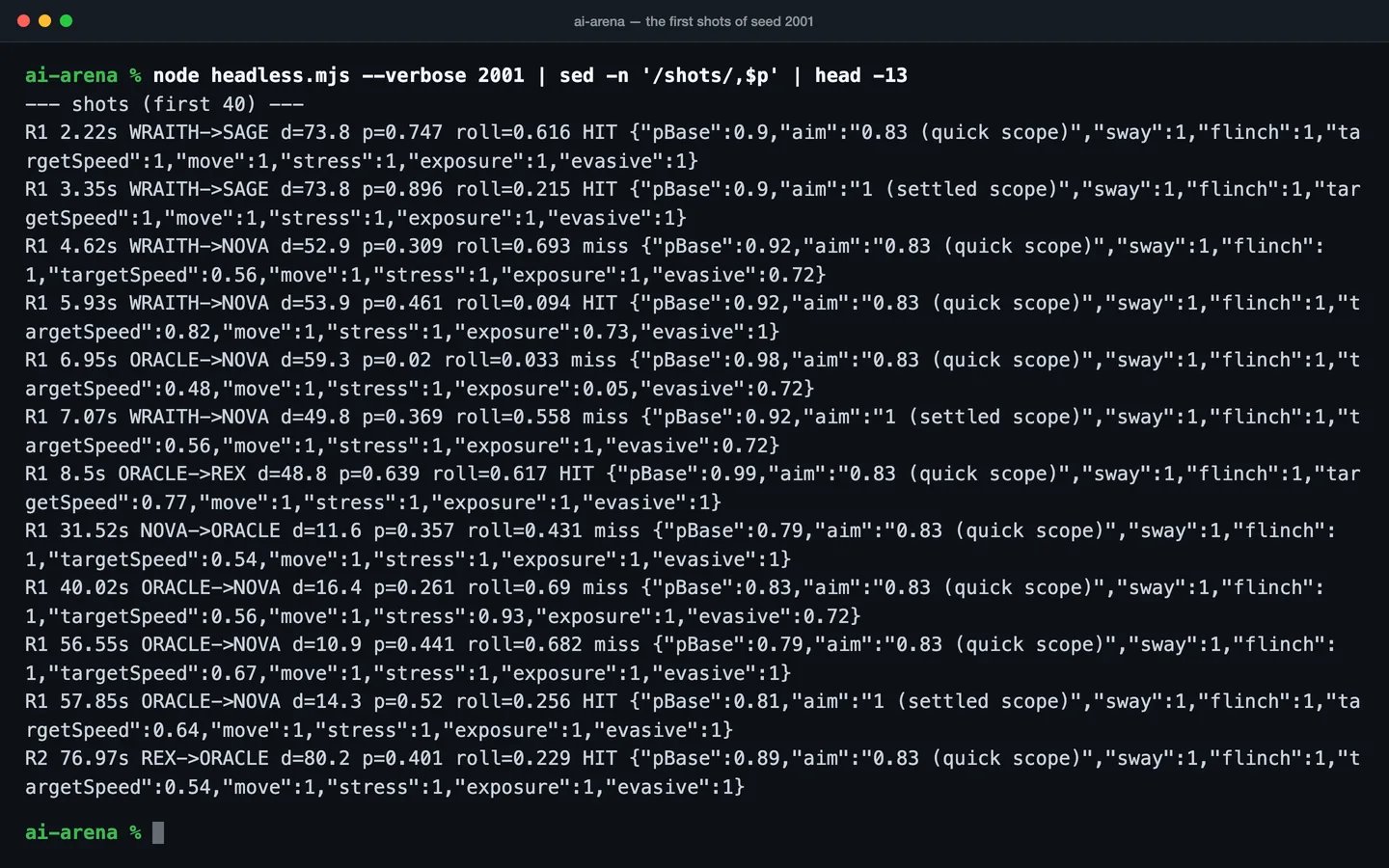 Terminal output listing shots with their hit probability and the factors behind it