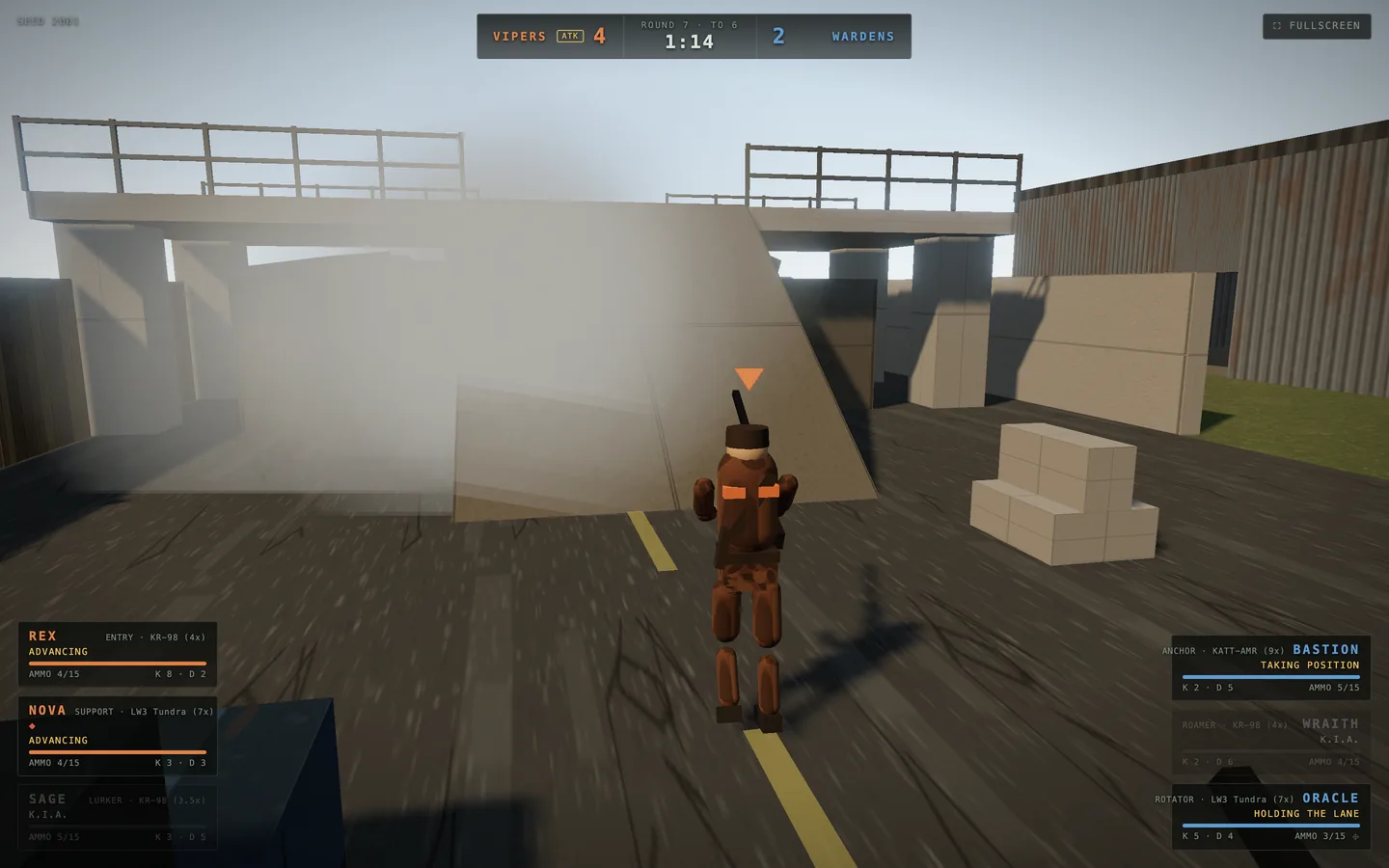 A fighter walking towards a cloud of smoke under an overpass