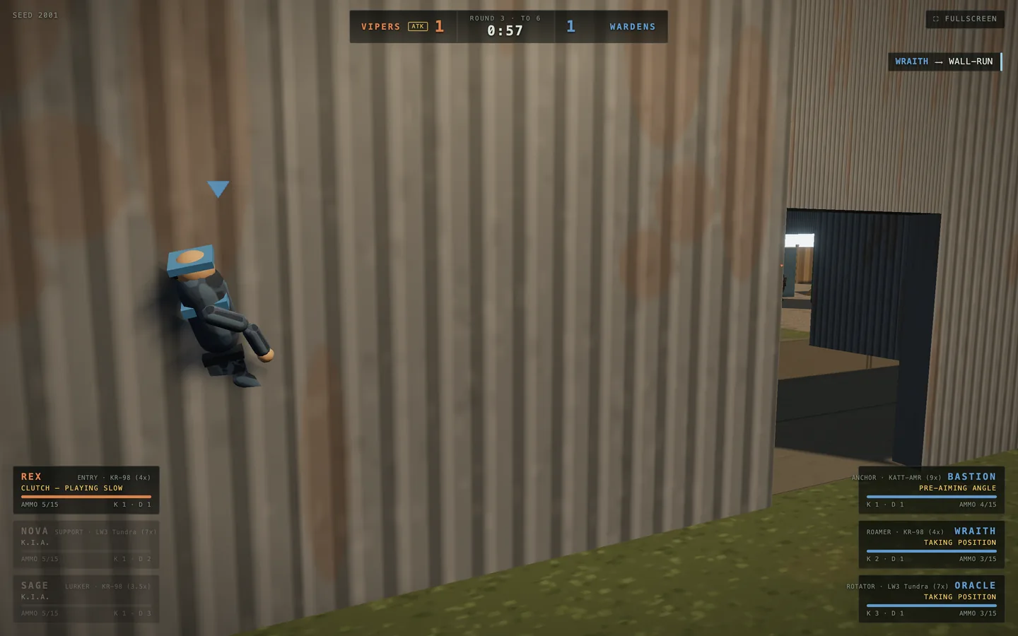 A fighter running along a corrugated wall, seen from the side
