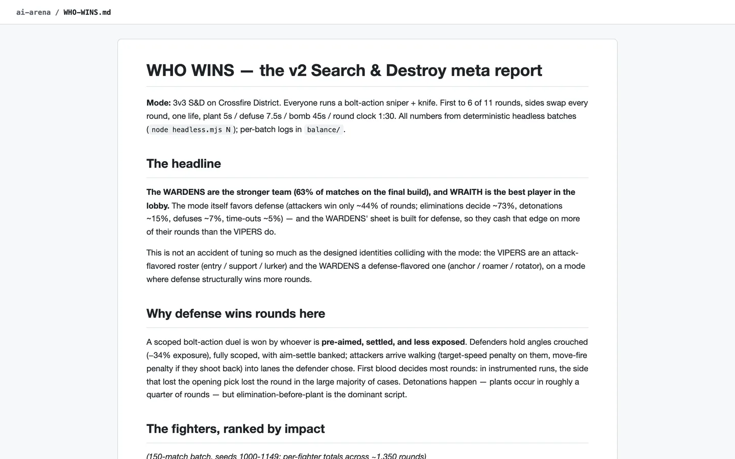 A report titled WHO WINS with a headline section and an explanation of why defence wins