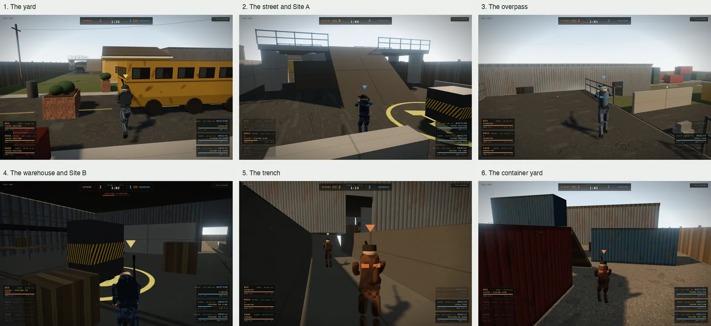Six views of one map: a yard, a street, an overpass, a warehouse, a trench and a container yard