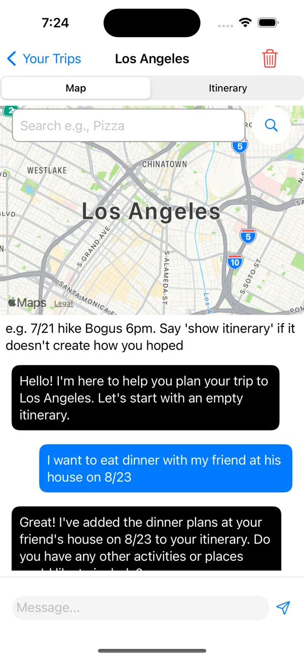 iOS travel app showing a Los Angeles map above an itinerary-planning conversation.