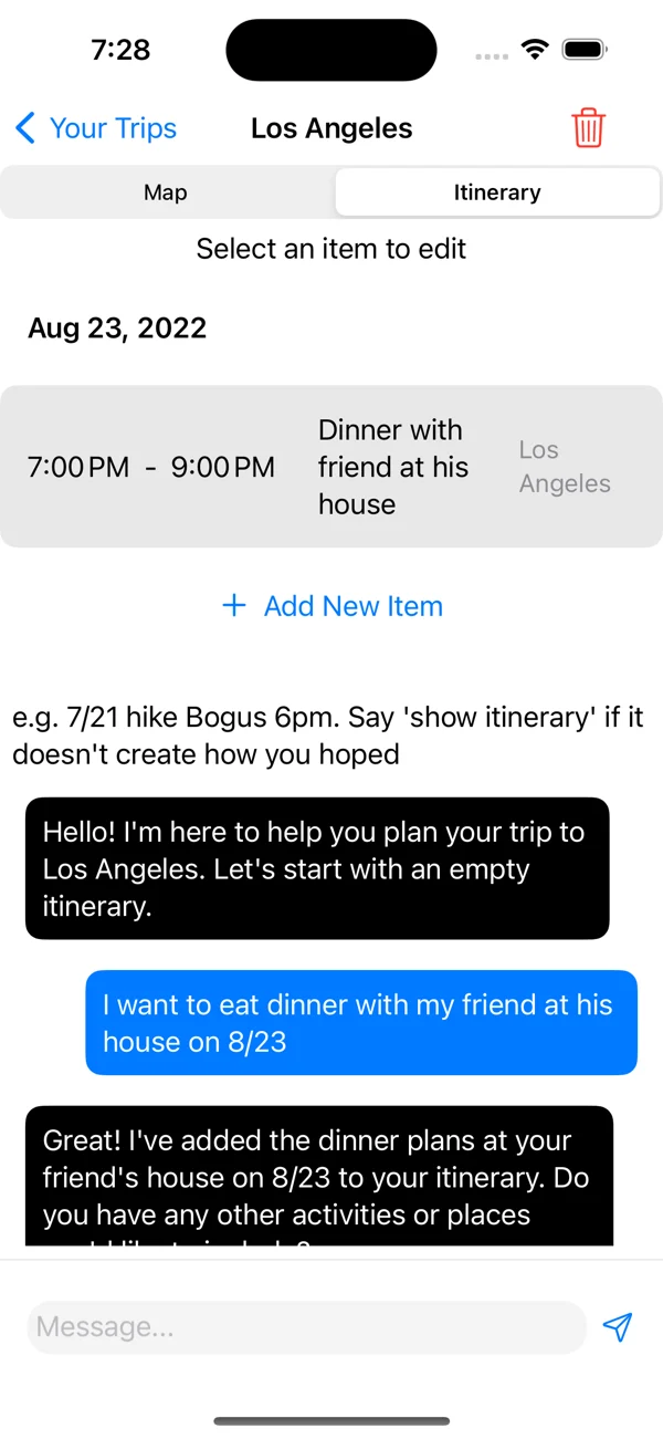 Travel app showing a dated itinerary and a conversation used to add plans.