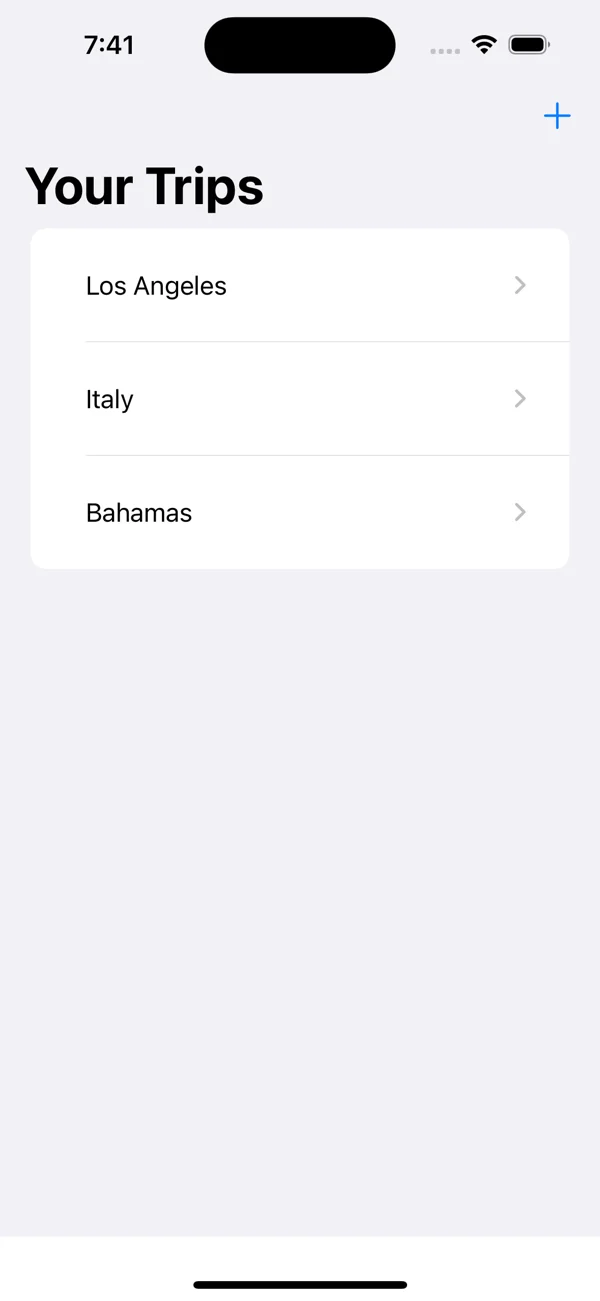 Travel app trip list containing Los Angeles, Italy and Bahamas.