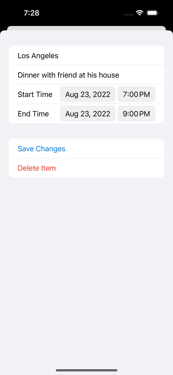 Travel itinerary item editor with an event title, start time, end time and save control.