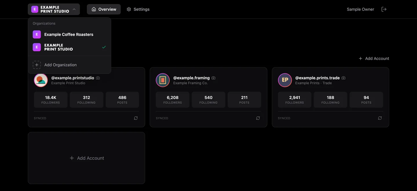 Connected Instagram accounts for one organisation, with the organisation switcher open