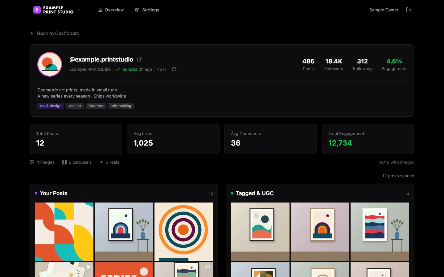 Media library for a sample Instagram account: profile, engagement totals and two grids of posts