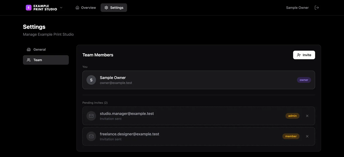 Team settings: the owner and two pending invitations with their roles