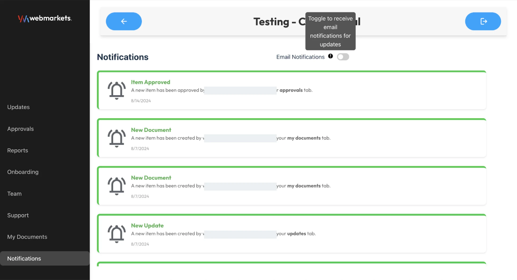 Client portal notifications for approvals, documents and updates
