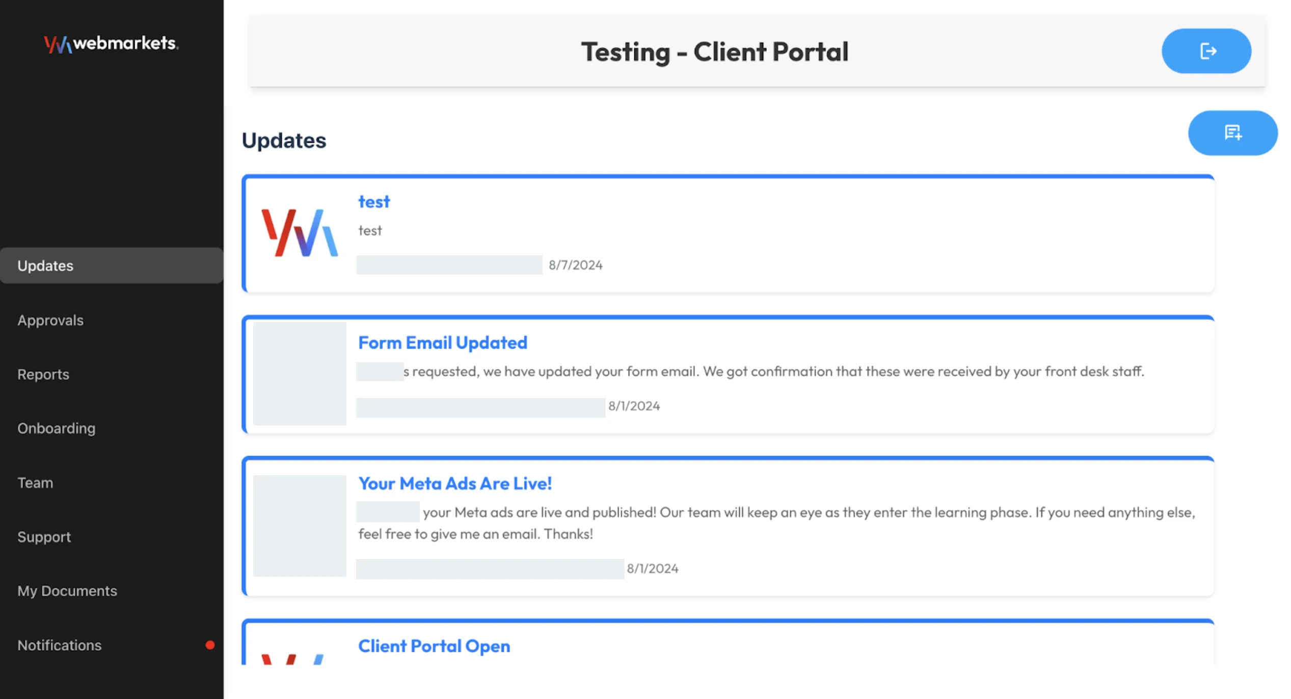 Client portal updates feed and navigation with personal details covered