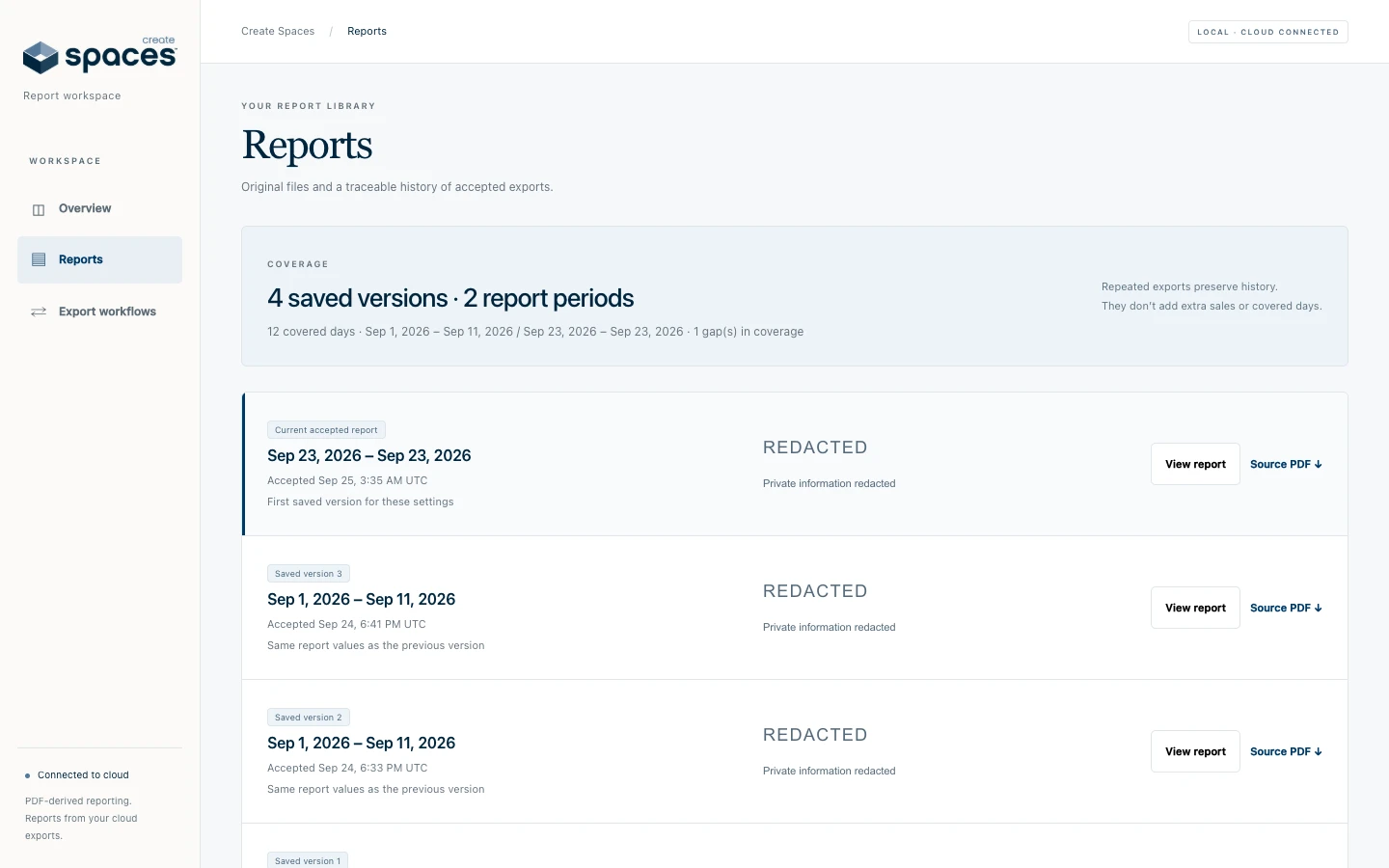 Saved report versions with date ranges and source PDF links.