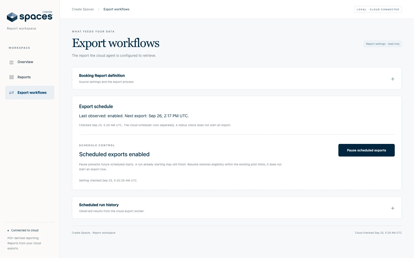 Cloud export schedule with pause control and expandable run history.