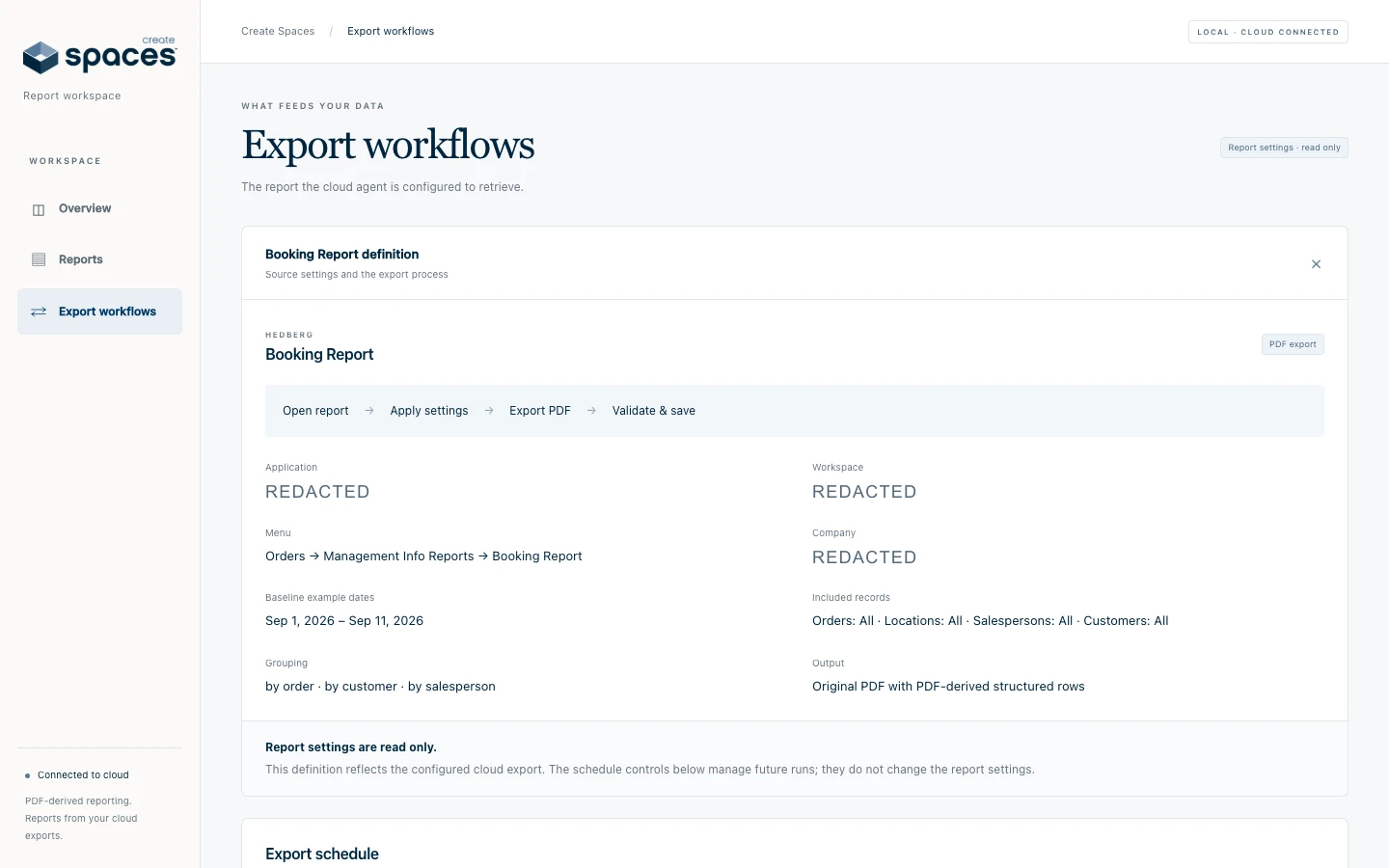 Read-only Booking Report workflow and settings with private identifiers redacted.
