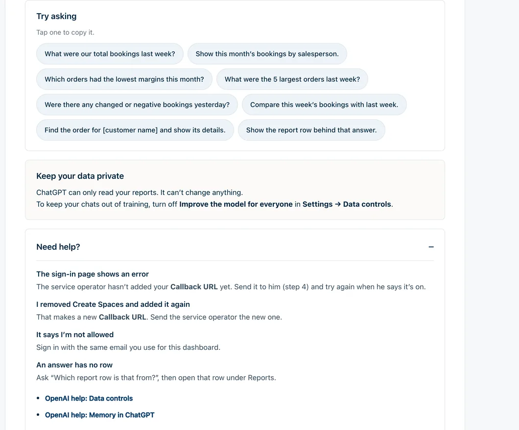 A list of example questions above privacy and help notes