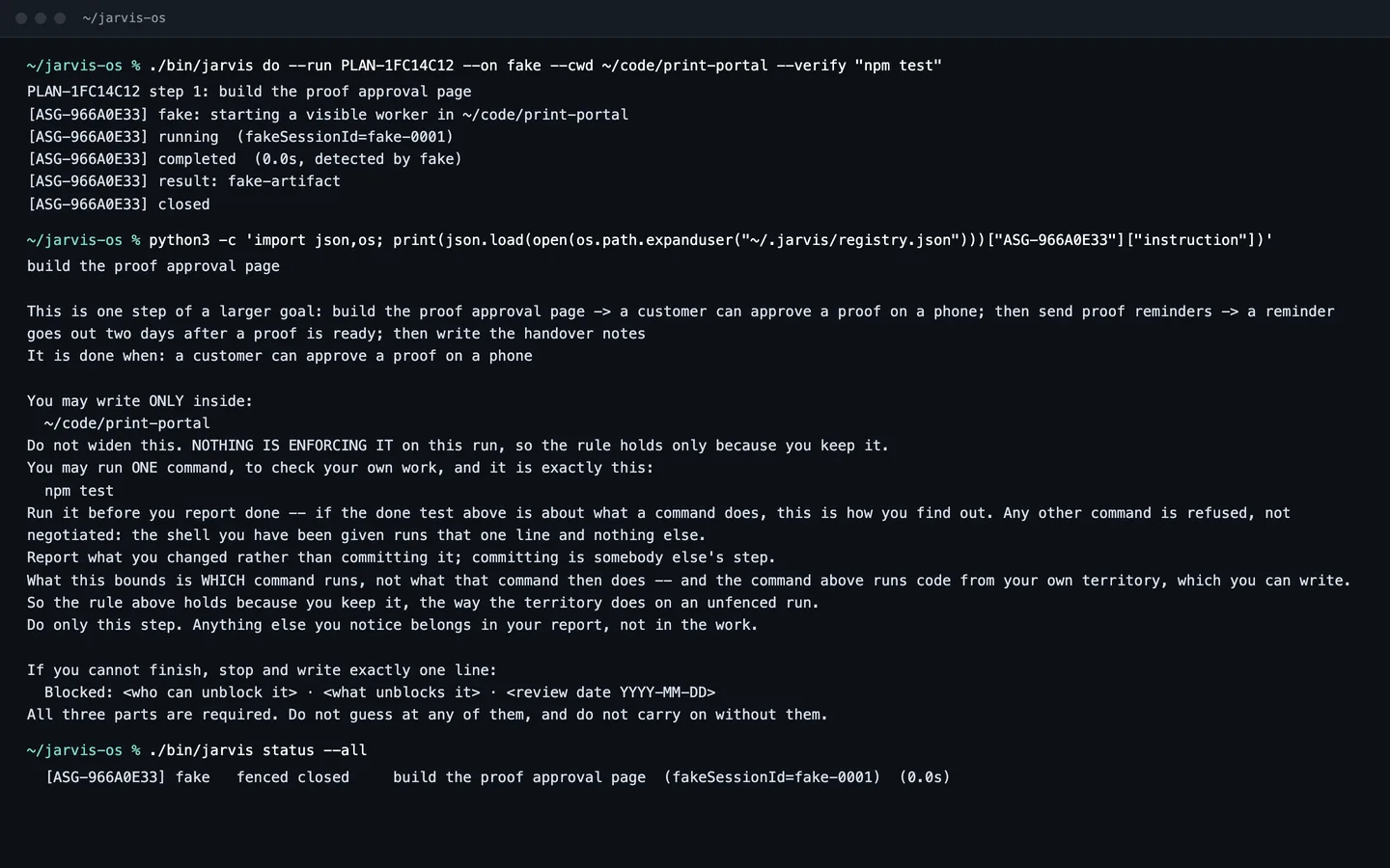 Terminal output of a worker run followed by its written instruction