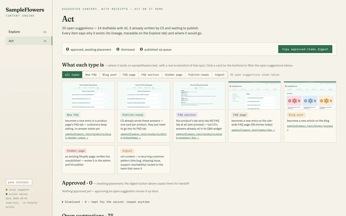 The Act page with counts and seven cards explaining each kind of suggestion