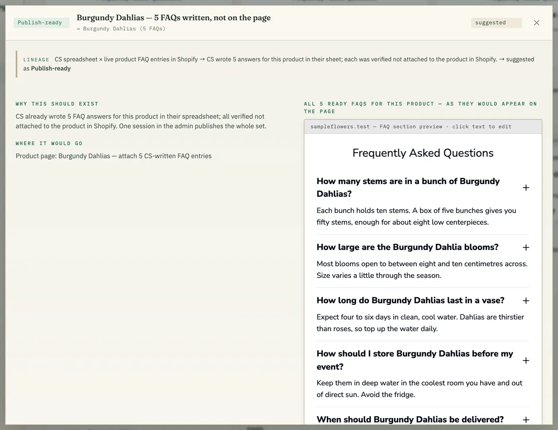 A suggestion window previewing a product page’s frequently asked questions