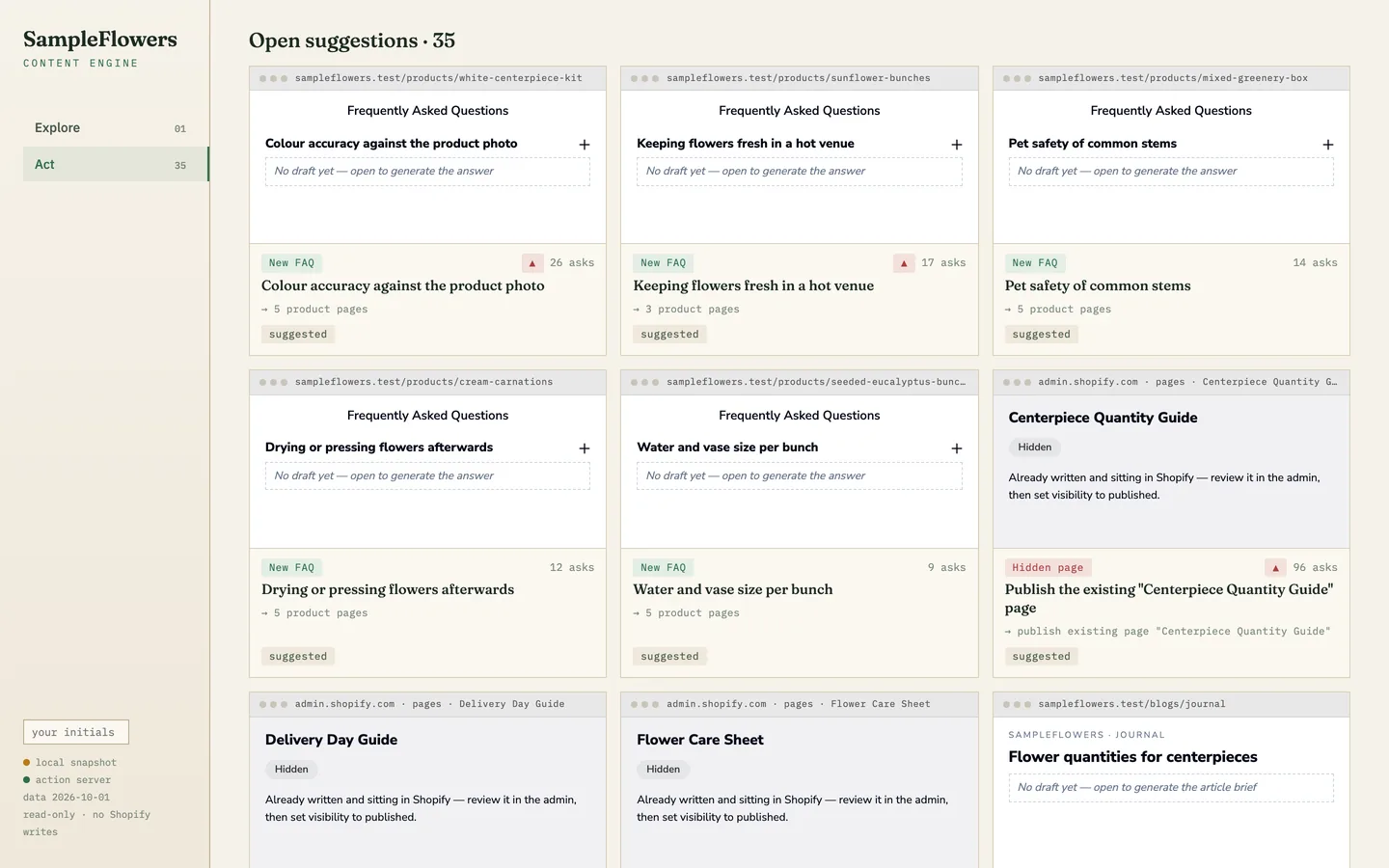 A grid of suggestion cards styled as storefront FAQ entries and pages