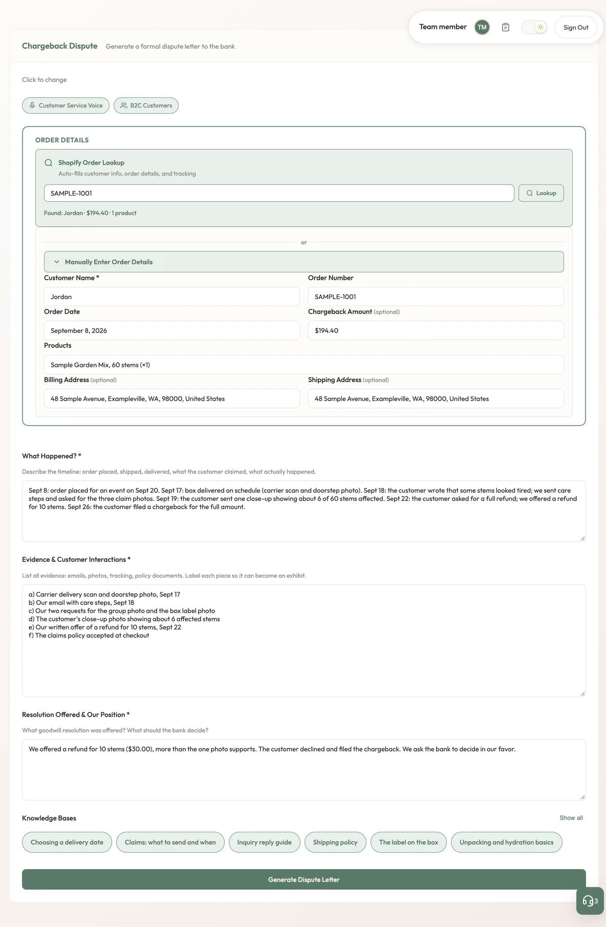 The Chargeback form filled with order details, a timeline, an evidence list and a resolution