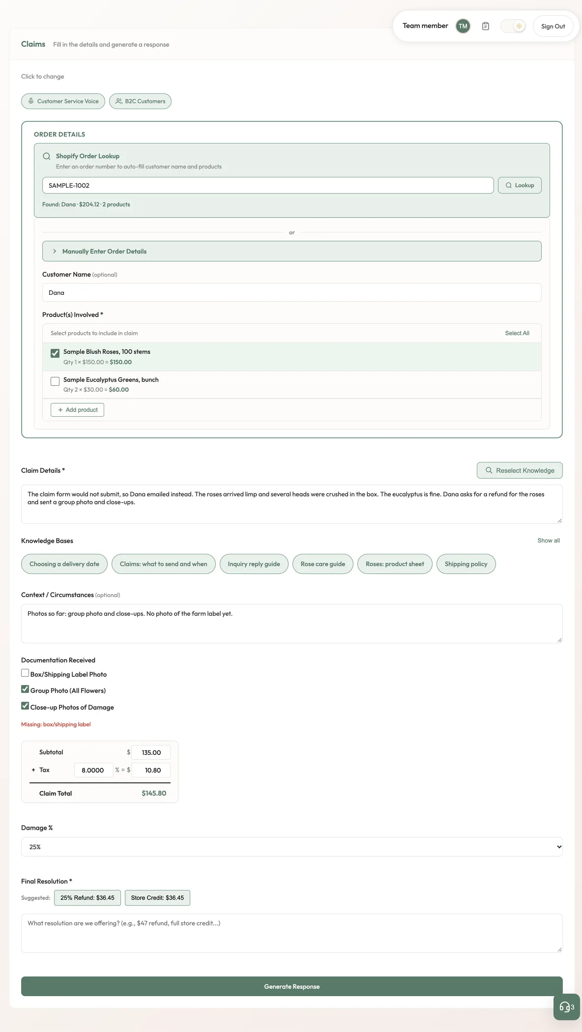 The Claims form with an order lookup, two products, a documents checklist and a refund calculator
