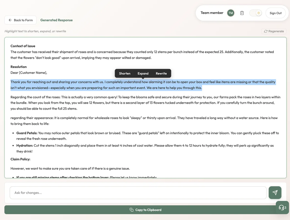 A drafted reply with one paragraph selected and a small toolbar offering Shorten, Expand and Rewrite