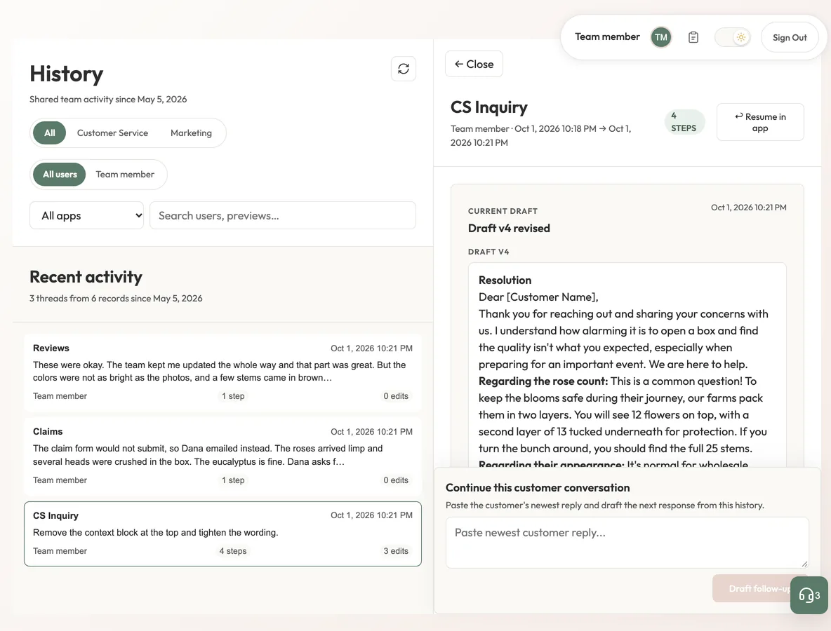 A History page with a list of cases and one case open showing its current draft and timeline