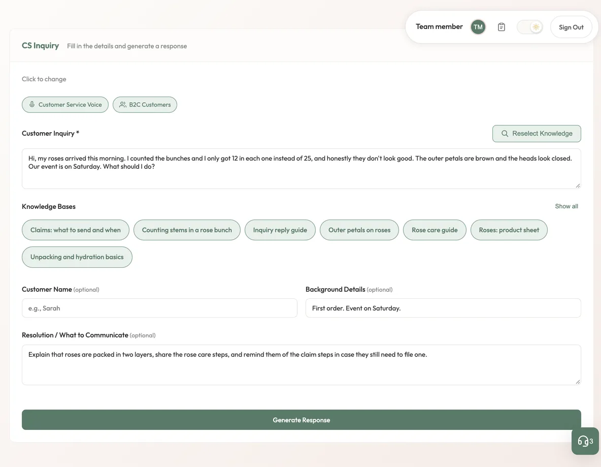 The CS Inquiry form with a customer message, seven ticked knowledge chips and optional fields