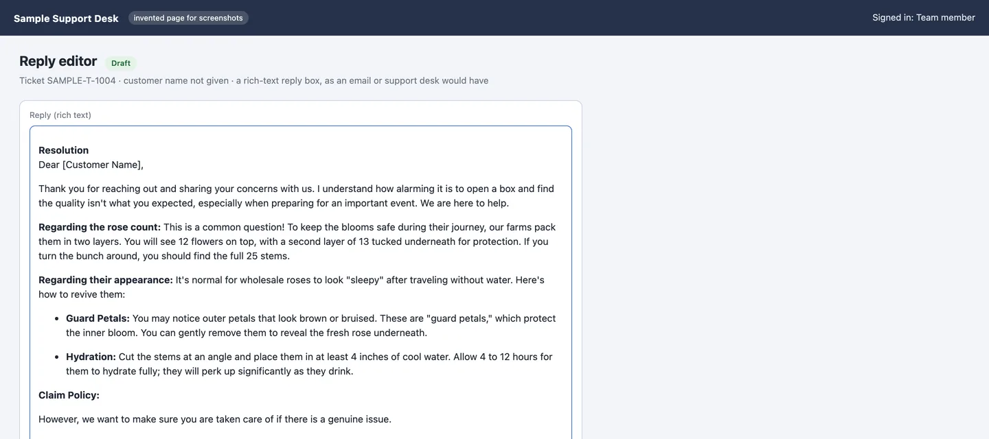 A formatted reply pasted into a rich-text reply editor