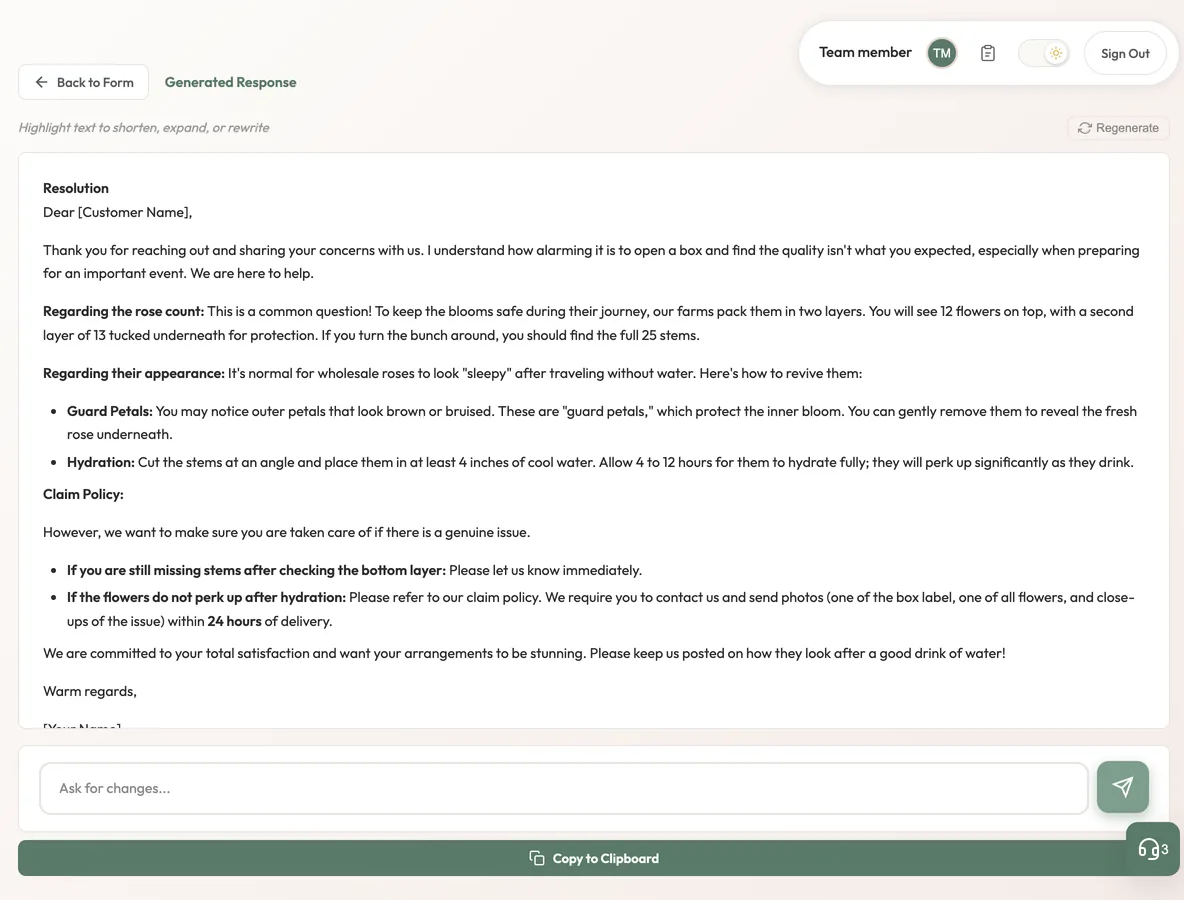 The reply view after a refinement, with an Ask for changes box and a Copy to Clipboard button