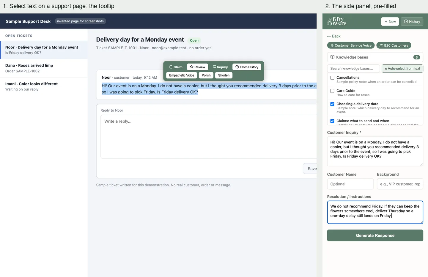 A support ticket with selected text and a toolbar, beside a side panel form filled with that text