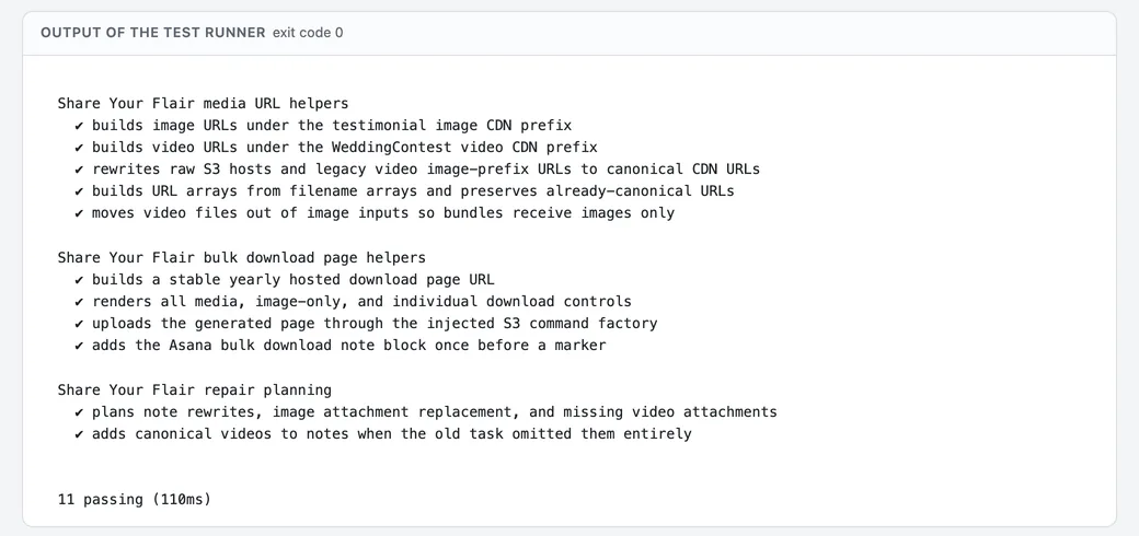 Test runner output listing eleven passing checks in three groups