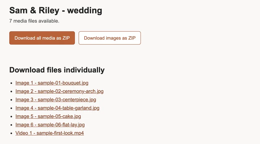 A download page titled with a couple and event, two zip buttons and seven file links