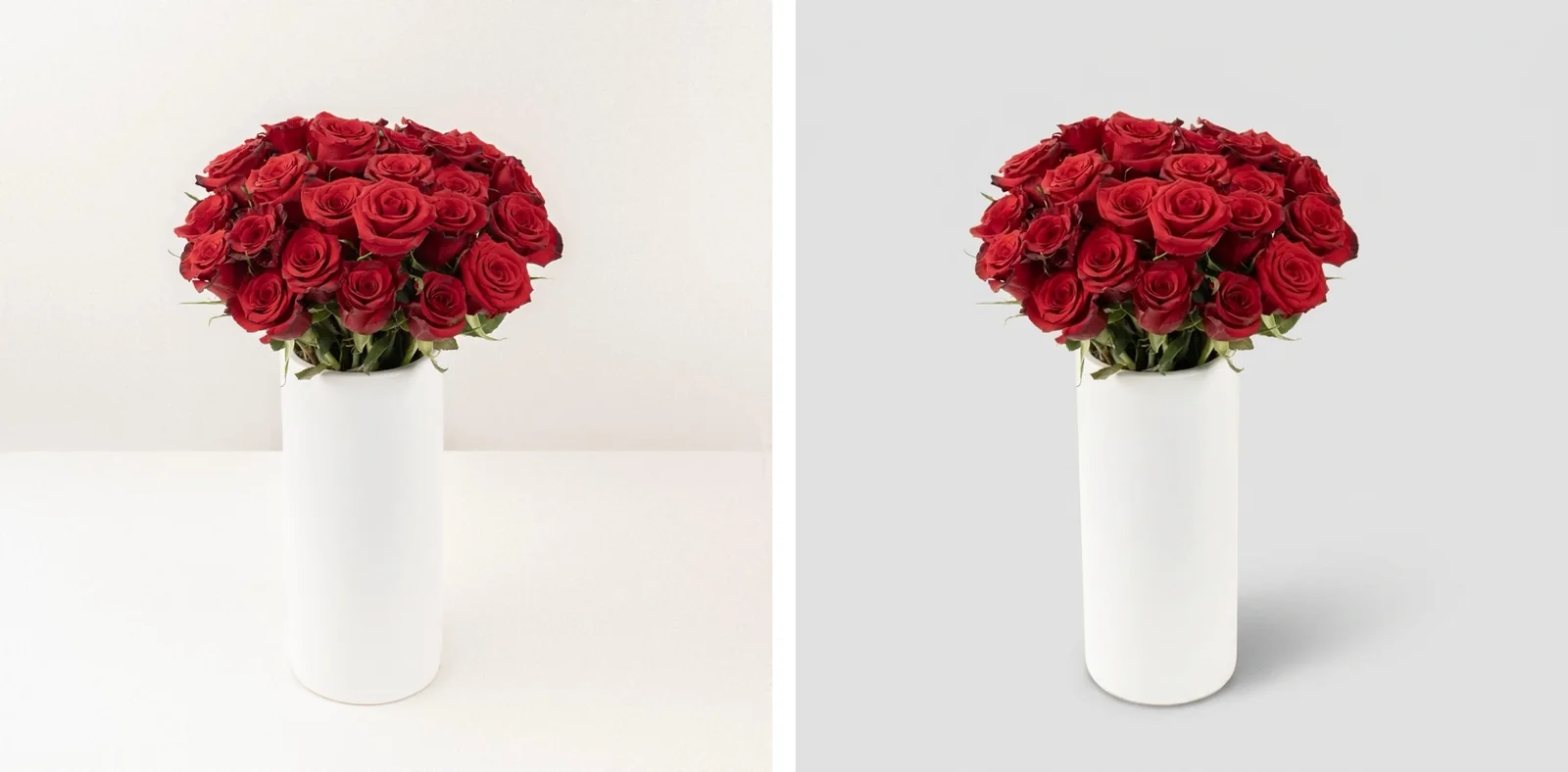 Before and after: red roses in a white vase on a warm backdrop, then on flat light gray
