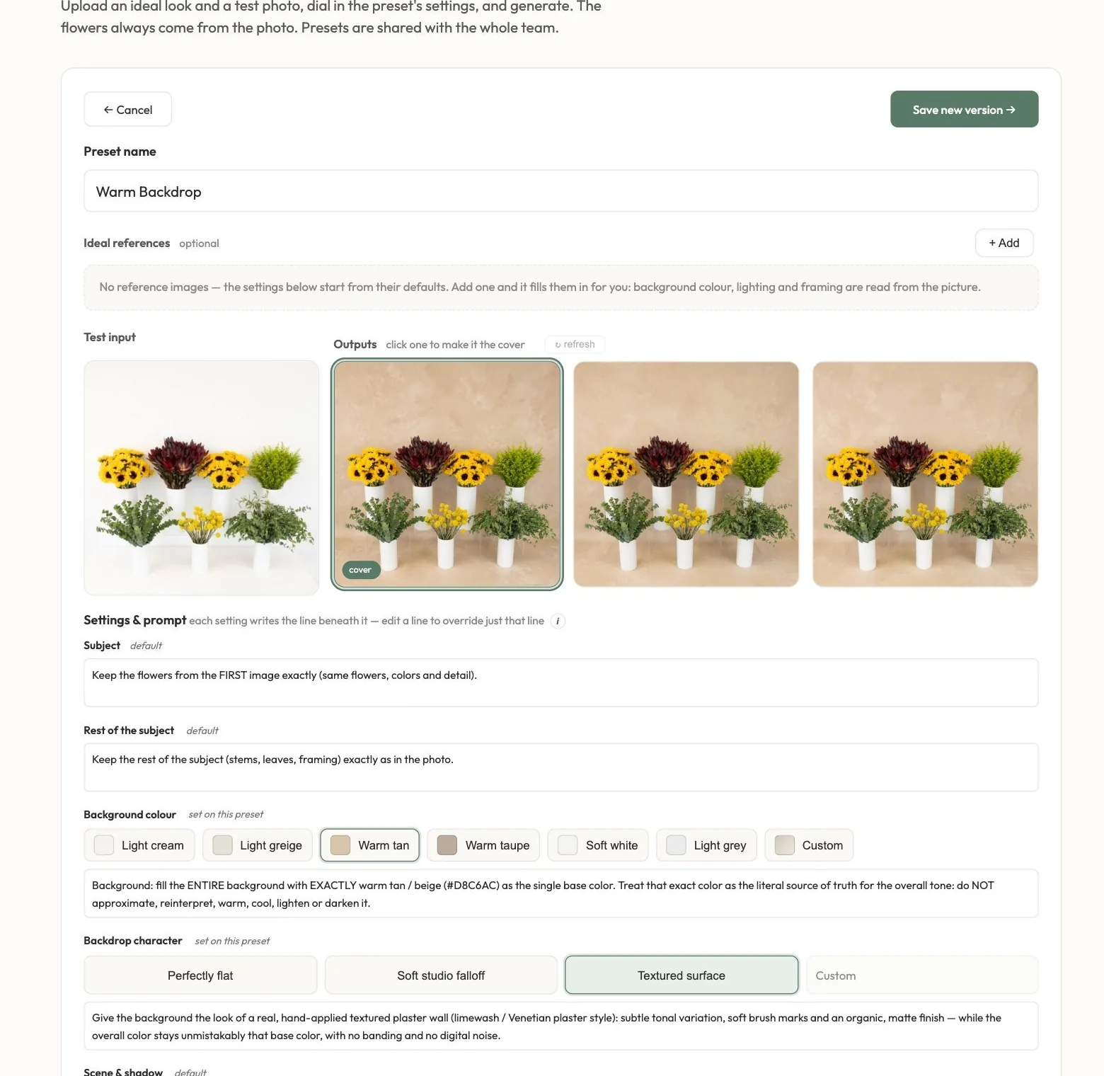 Preset editor with a test photo, three sample outputs and background settings