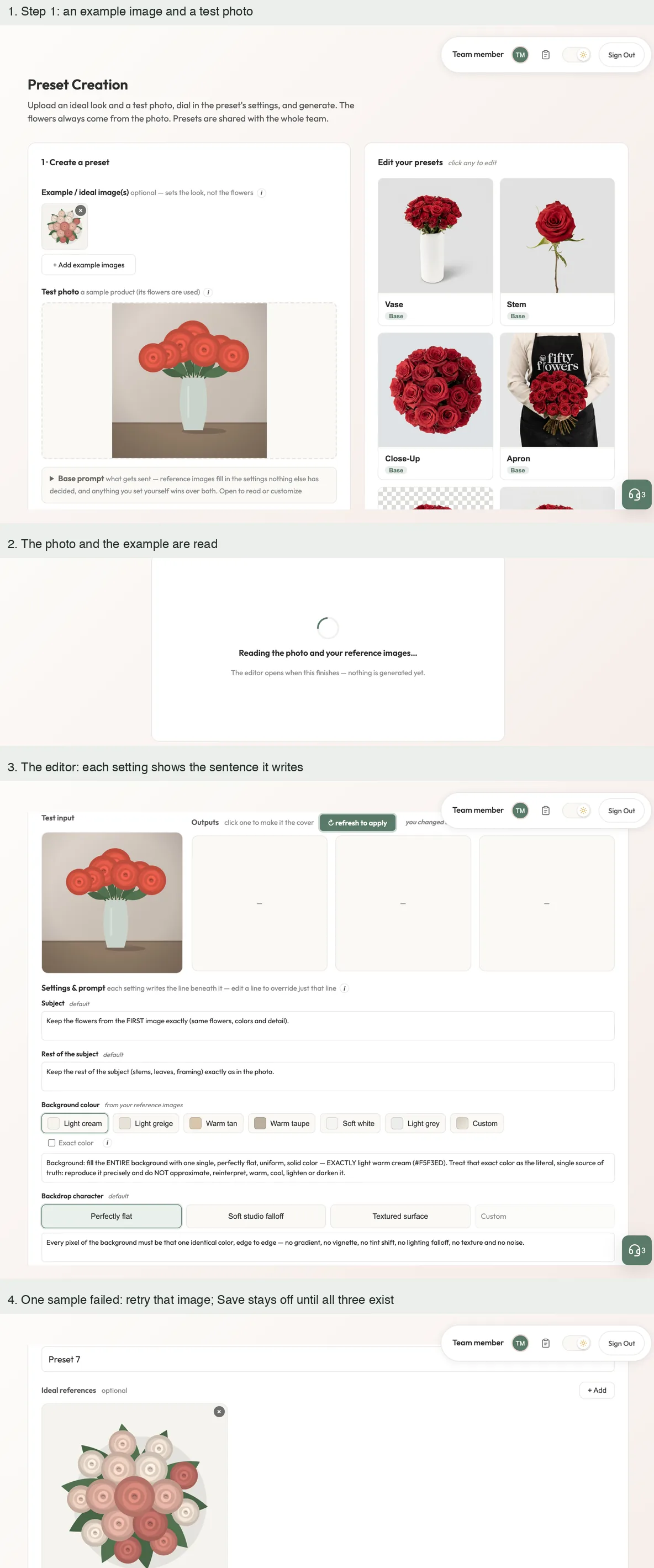 Four steps of creating a look: inputs, a reading state, the editor and a retry for one failed sample