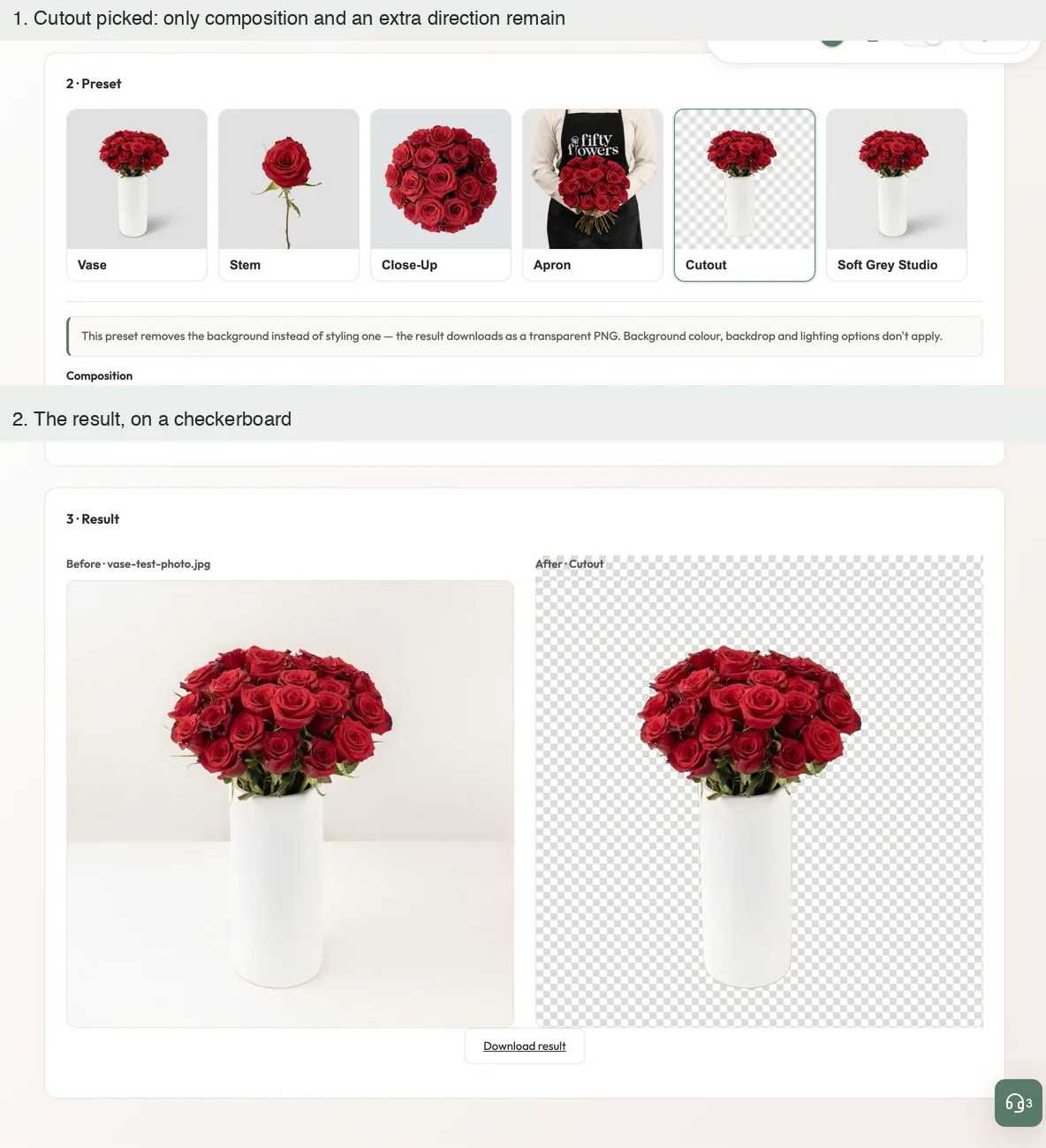 The Cutout look selected, then the original photo beside the cut-out flowers on a checkerboard