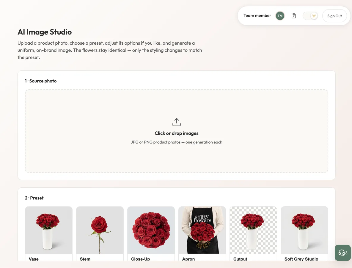The Image Studio first screen with a photo drop area and a row of six looks