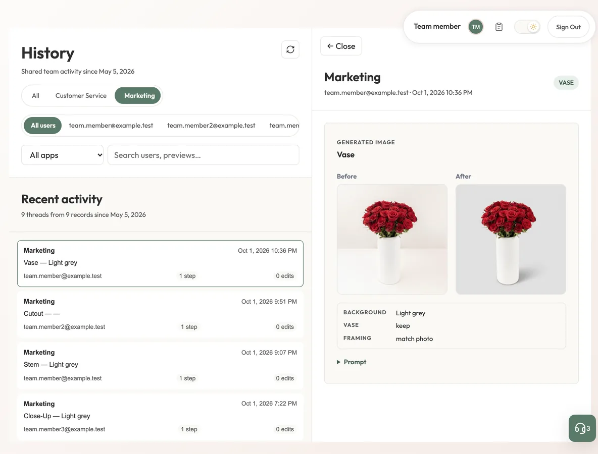 A History page with a list of image results and one opened to show before, after and its settings