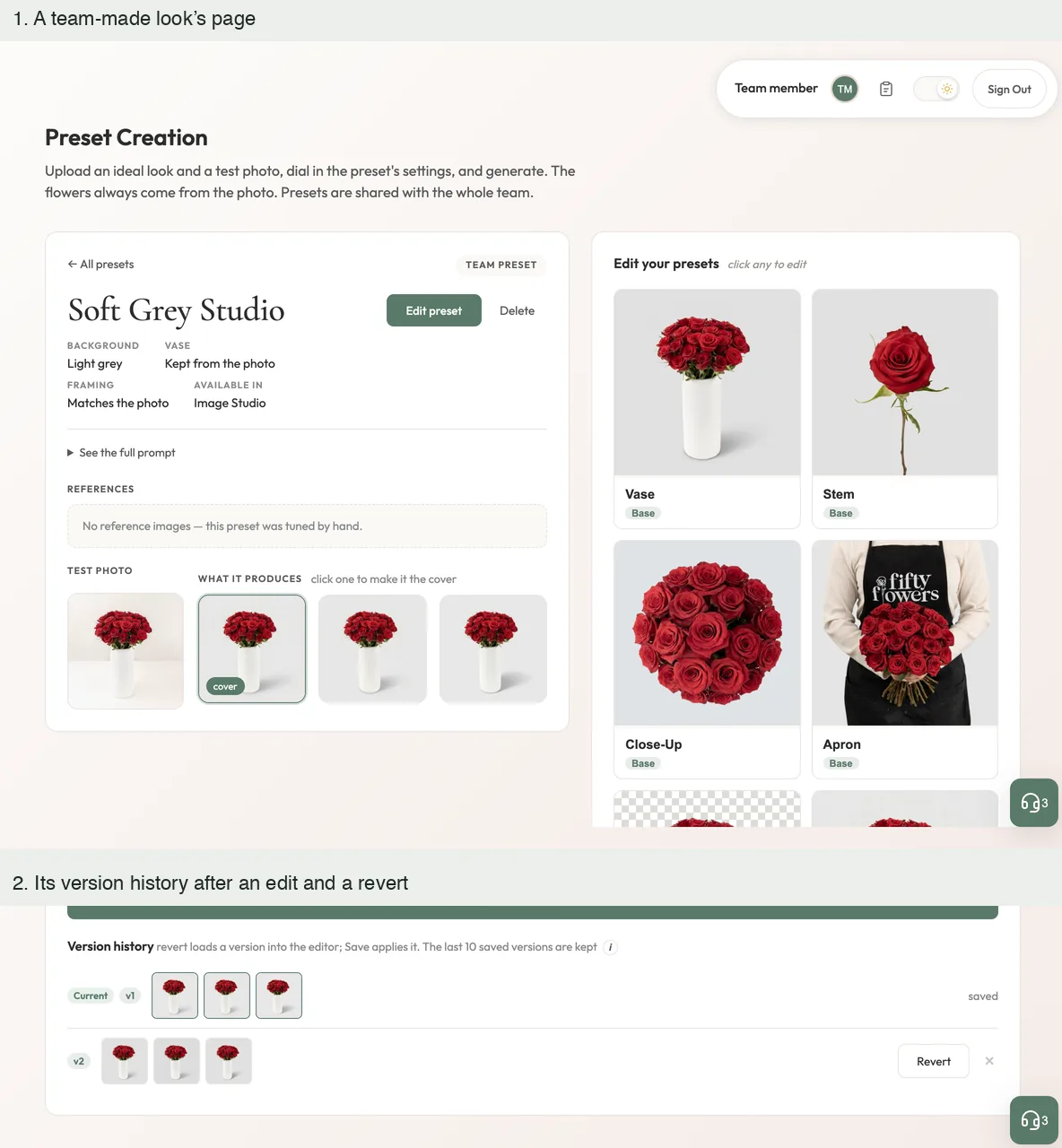 A look’s detail page beside the look library, and a version history with two rows