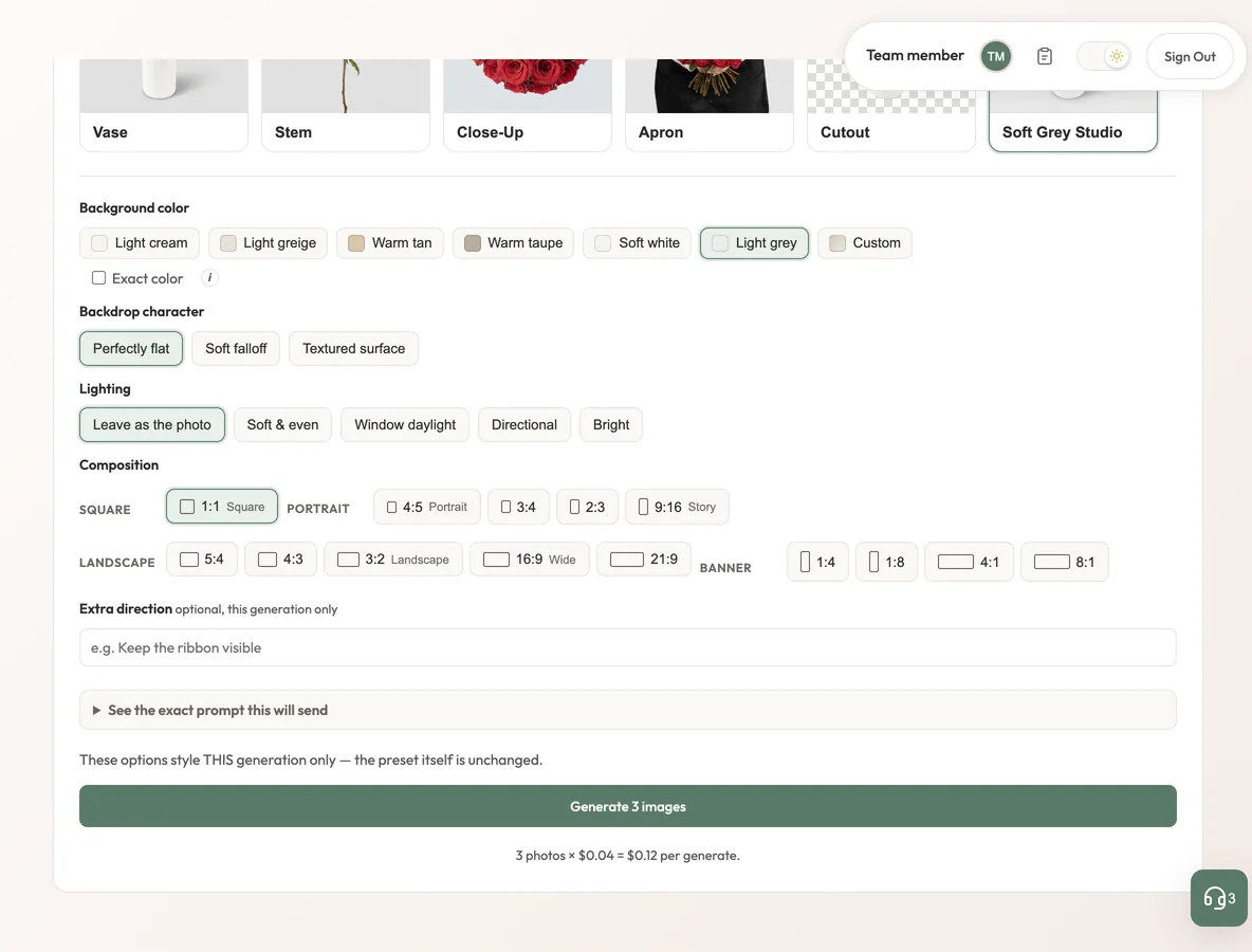 A look’s options with colour, backdrop, lighting and composition choices above a Generate button and a cost line