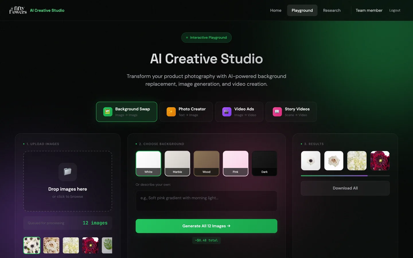 A dark page titled AI Creative Studio with four tabs and a background swap panel